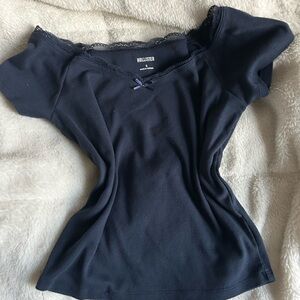 Hollister Women's Dark Blue Lace Trim Tee